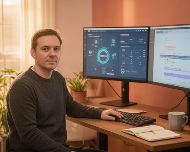 AI creator sitting at a standing desk in a Saint Louis home office, dual monitors showing automation dashbards and a timeline blog, warm afternoon light