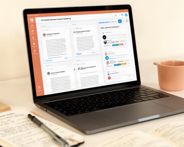 Laptop screen displaying an AI content dashboard with multiple document panels and a publishing queue, notebook and coffee on the side