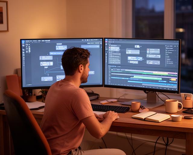 AI creator seated at a wooden desk with dual monitors showing automation workflows and timeline dashbord, warm evening light from a window in Saint Louis